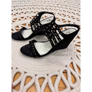 Anne Klein Aktrisa Black Leather Gold Studded Wedge Sandals Sz 8M